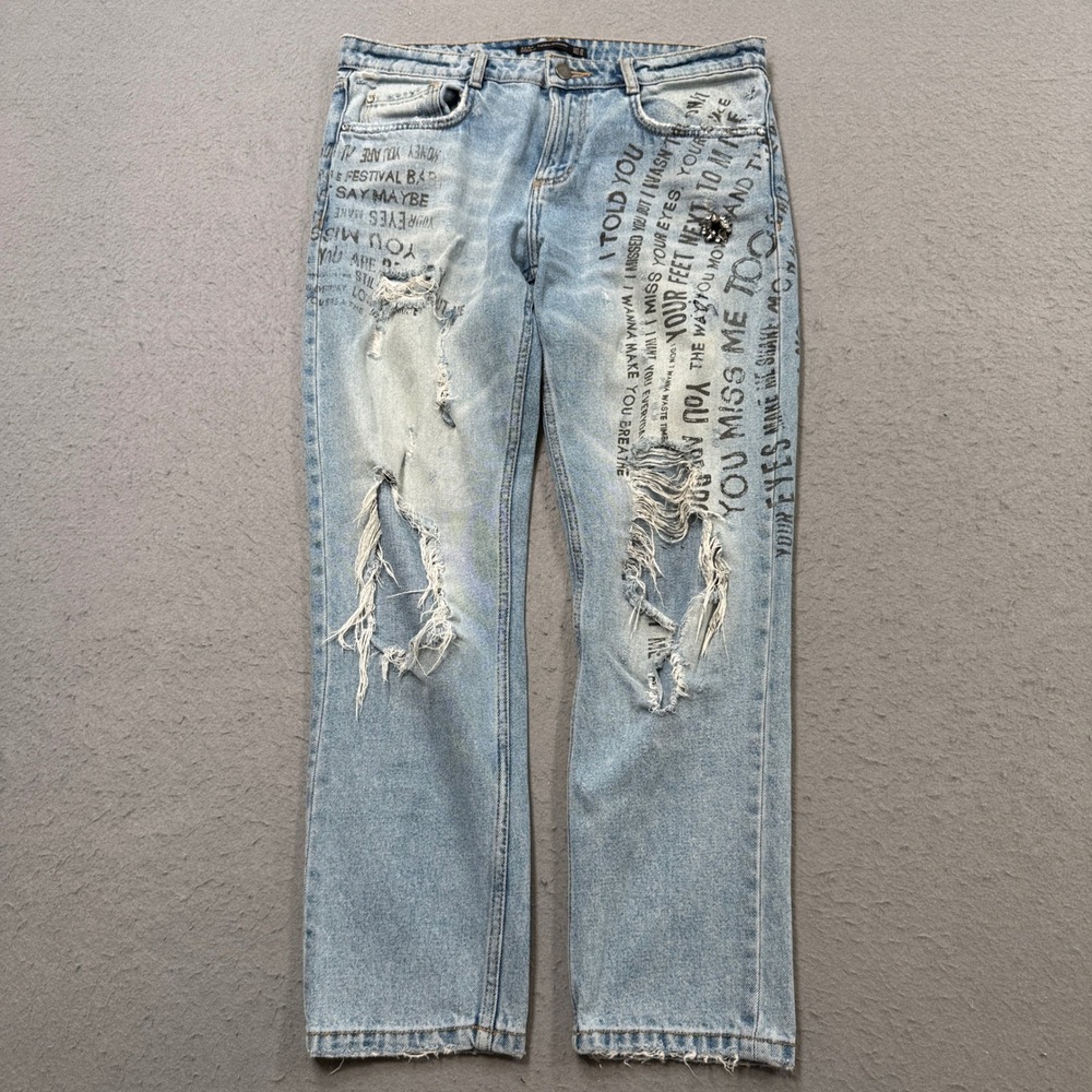 Zara Jeans Women's 6 Blue Light Wash Distressed Straight Leg Streetwear Grunge